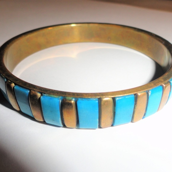 Vintage Jewelry - Old Turquoise and Brass Bangle Bracelet